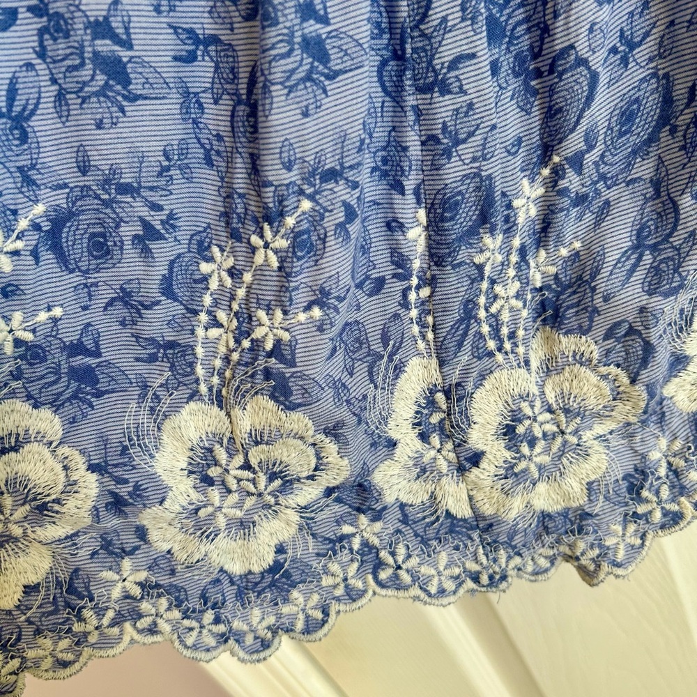 Floral Blue Strapless Dress with Lace Hem - Picture 2 of 3